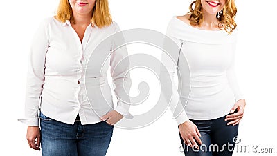 Casual woman before and after weight loss, isolated on white Stock Photo