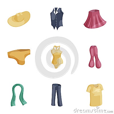 Casual women clothes icons set, cartoon style Vector Illustration