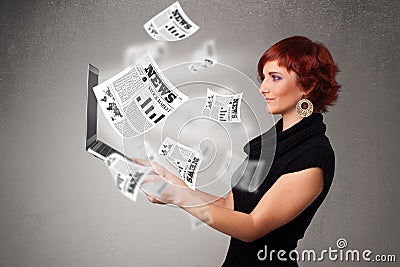 Casual young woman holdin notebook and reading the explosive new Stock Photo