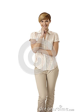 Casual young woman holding pen thinking Stock Photo