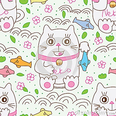 Cat admire caught fish seamless pattern Vector Illustration