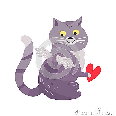 Cat with Angel Wings Holding Red Heart Isolated Vector Illustration