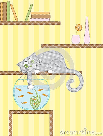 Cat and Aquarium Vector Illustration