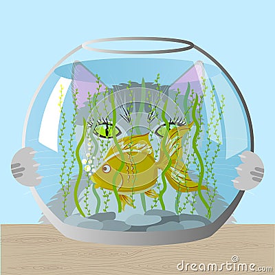 Cat and aquarium Vector Illustration