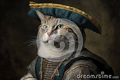 Cat as Christopher Columbus famous historical character portrait illustration generative ai Cartoon Illustration