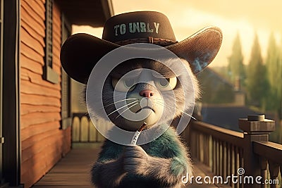 Cat as grizzled old cowboy wearing a Stetson hat, sitting on a porch with his trusty revolver by his side, cartoon style Cartoon Illustration