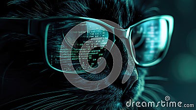 Cat as hooded hacker with reflection of computer code in glasses. Concept of spy, ransomware, technology, hack, cyber security, Stock Photo