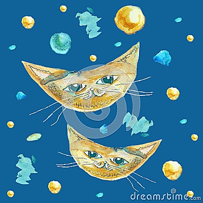 Cat as the moon on a blue background. Children`s drawing of animals Stock Photo