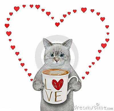 Cat ashen drinks latte Stock Photo