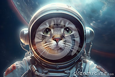 Cat the astronaut in open space. Animal behave like a human. Stock Photo