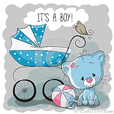 Cat with baby carriage Vector Illustration