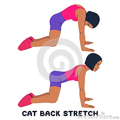 Cat back stretch. Backward camel stretch. Sport exersice. Silhouettes of woman doing exercise. Workout, training Cartoon Illustration