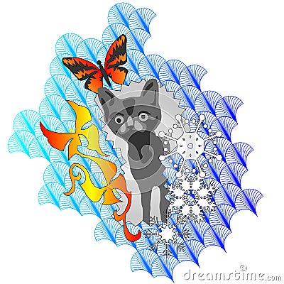 cat on background butterfly and snowflake Vector Illustration