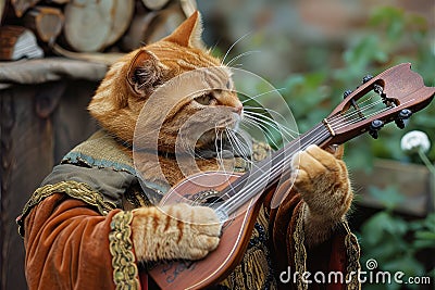 Cat Bard Plays his Lute, Cat Minstrel Song, Pet Troubadour Music, Medieval Cat Singer Stock Photo