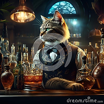 Cat Bartender serving a glass of an alcohol drink at the bar counter. Amazing digital illustration. CG Artwork Cartoon Illustration