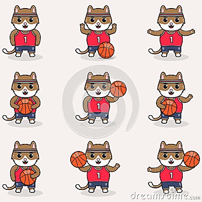 cute cartooon Cat Basketball set Vector Illustration