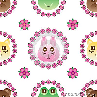 Cat bear rabbit frog flower garland seamless pattern Vector Illustration