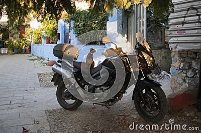 A cat on a bike, Rhodes, Greece Stock Photo