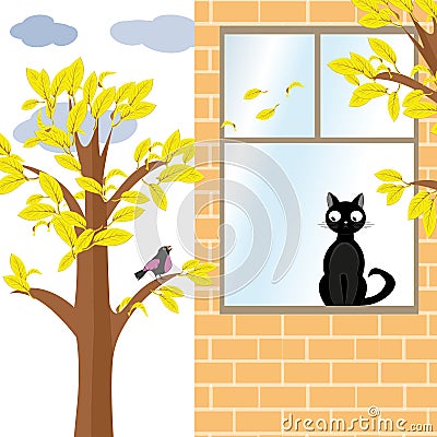 Cat and bird in autumn Vector Illustration