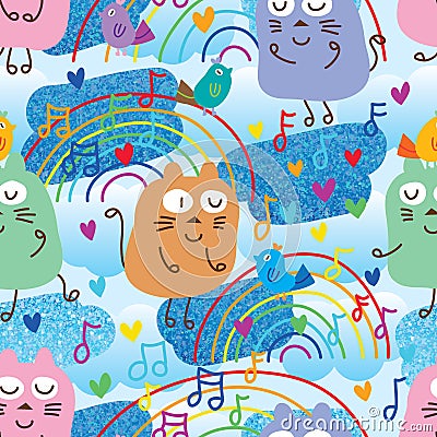 Cat and bird music note blue glitter seamless pattern Vector Illustration