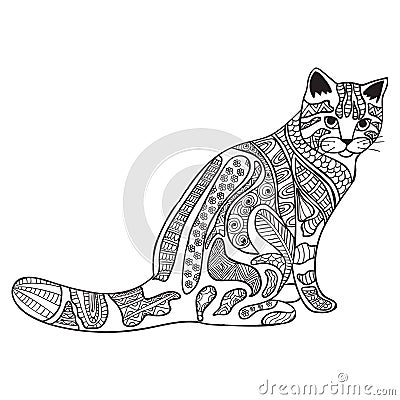 Cat Black and white doodle print with ethnic patterns. Vector Illustration