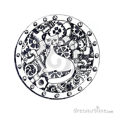 Cat, black and white graphic drawing on white background in steampunk style Cartoon Illustration