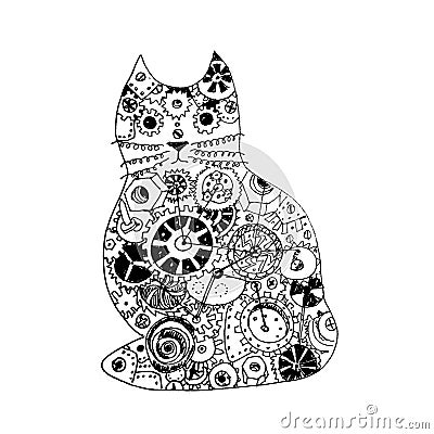 Cat, black and white graphic drawing on white background in steampunk style Cartoon Illustration