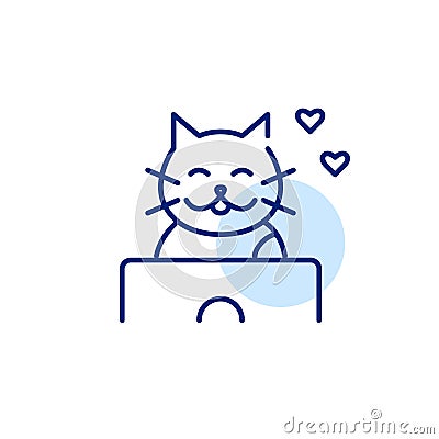 Cat blogger at laptop receiving likes. Pixel perfect, editable stroke line icon Vector Illustration