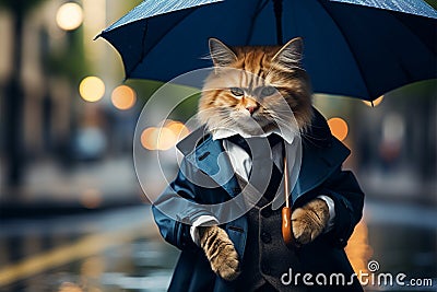 Cat with a blue umbrella dons a suit that reads cat suit Stock Photo