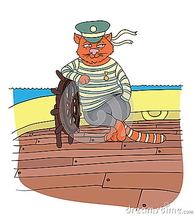 Cat boatswain at the helm of the ship, vector illustration. Vector Illustration
