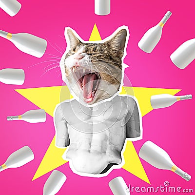 Cat and body of statue collage, pop art concept design. Minimal party background Stock Photo