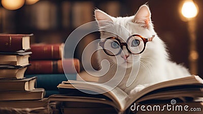 cat with book A comical kitten with oversized glasses, sitting atop a pile of classic novels, pretending to read Stock Photo