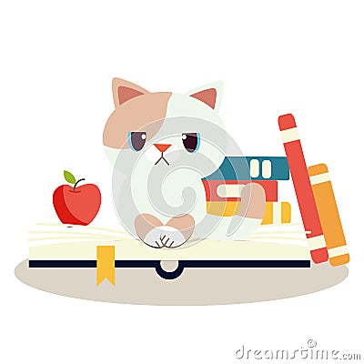 A cat with a book. A cat look very bored siting on pile a book. Stock Photo