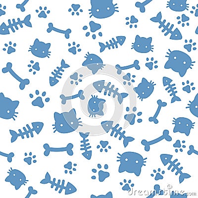 Cat boy pattern. Blue paw animal footprints and bones. Cat dog paws wallpaper, cute puppy pet cartoon vector seamless Vector Illustration