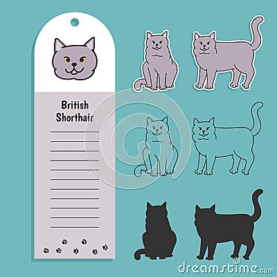 cat breed british shorthair. Set of stickers, silhouettes and contour line doodle vector illustrations pedigree pet Vector Illustration