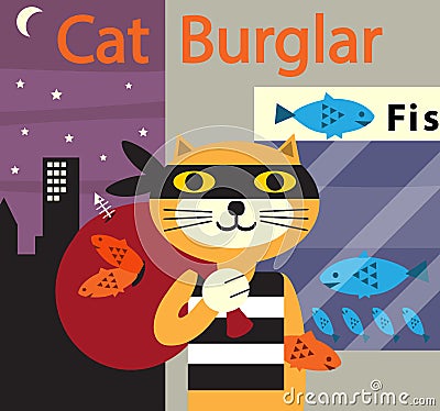 Cat Burglar At The Fish Shop 3 Cartoon Illustration