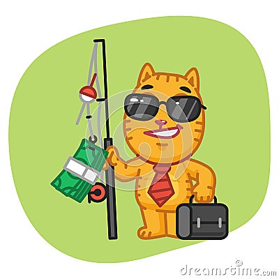 Cat Businessman Holding Fishing Rod with Money Vector Illustration