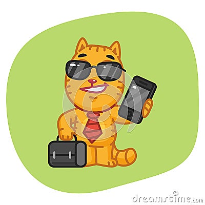 Cat Businessman Holding Suitcase and Phone Vector Illustration