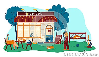 Cat cafe with funny pets cartoon characters, people drink coffee and play with animals, vector illustration Vector Illustration