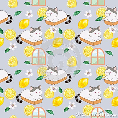 Cat and Cafe seamless pattern sweet bakery blossom botanical digital clipart Cartoon Illustration