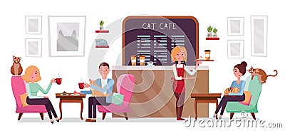 Cat cafe shop, people single and couple relaxing with kitties. Place interior to meet, have a rest with pets, waitress tray with Cartoon Illustration