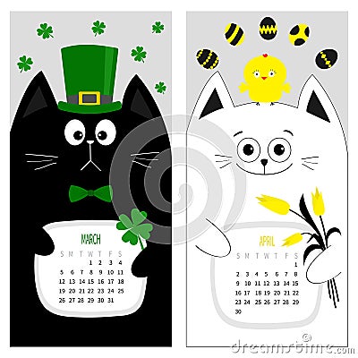 Cat calendar 2017. Cute funny cartoon character set. March April spring month. Vector Illustration