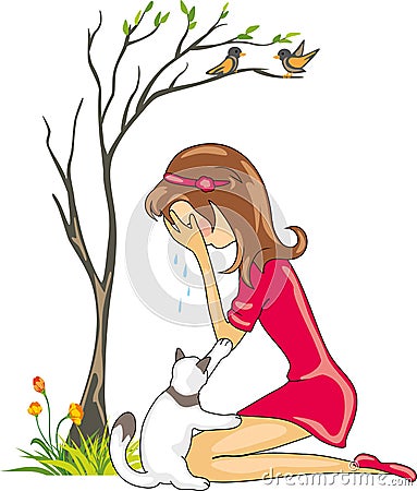 Cat calms a crying girl Vector Illustration