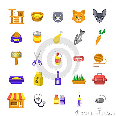 Cat care pet shop flat colorful icons Vector Illustration