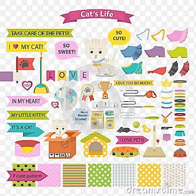 Cat and care vector cartoon element illustration and pattern. Vector Illustration