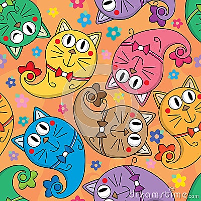 Cat cartoon paisley cute seamless pattern Vector Illustration