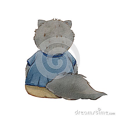 A cat in cartoon style painted with watercolor. Illustration of a pet in a T-shirt in a children's style. Cute cat Stock Photo