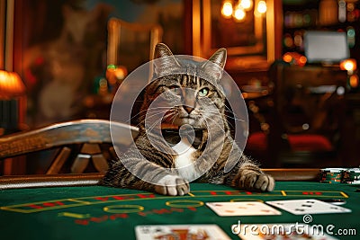 Cat Casino Dealer, Cat as Croupier is Waiting for Player, Cats Redy to Play Cards at Green Casino Table Stock Photo