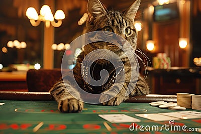 Cat Casino Dealer, Cat as Croupier is Waiting for Player, Cats Redy to Play Cards at Green Casino Table Stock Photo