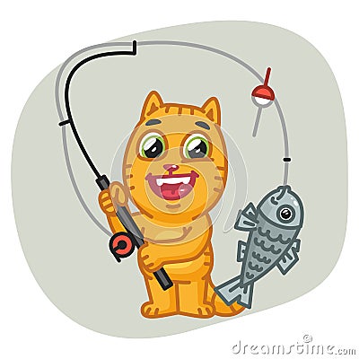 Cat Caught Big Fish on Fishing Rod Vector Illustration